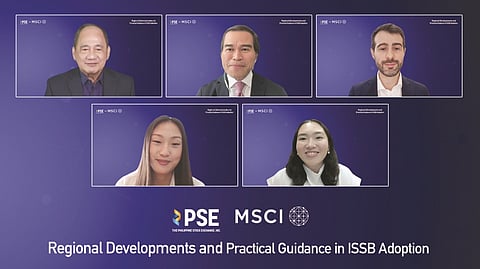 From left by row: PSE President and CEO Ramon S. Monzon, PSE Chief Operating Office and Sustainability Head Atty. Roel A. Refran, and MSCI APAC Vice President and Climate Specialist Lead CLaudio Saffioti; MSCI APAC Sustainability & Climate Specialist Esther Um and PSE Corporate Planning and Research Analyst Kathleen Grace B. Ballena.