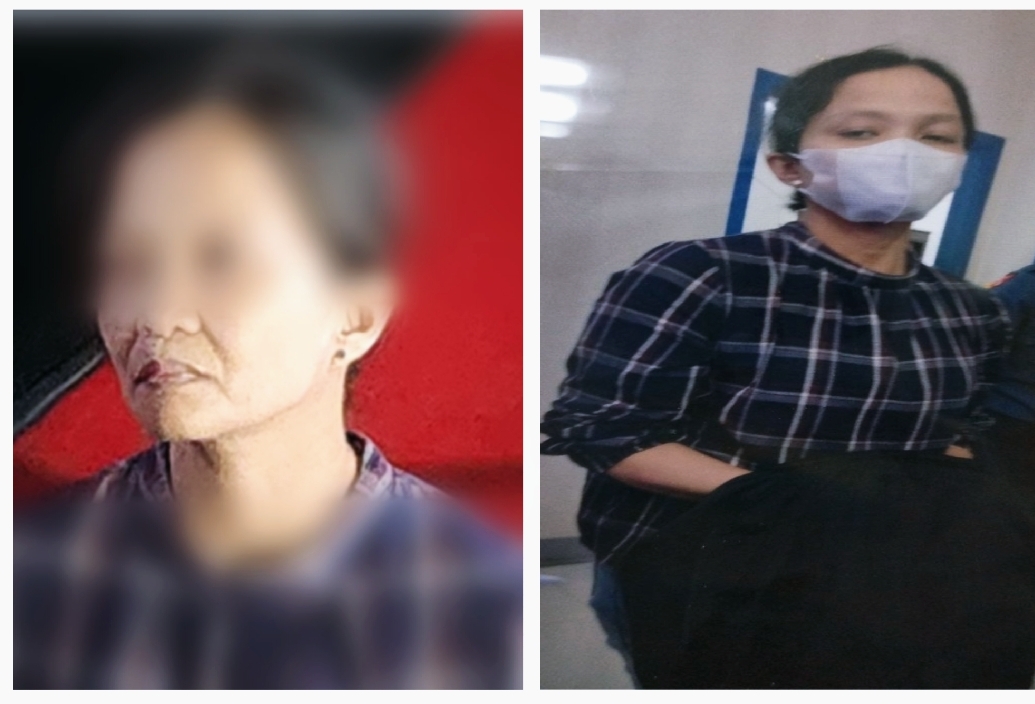 UNMASKING ESPIRITU | Composite image shows Marlene Espiritu before and after her arrest in Pampanga on 01 November 2025. The AFP alleges she is a key figure in NPA extortion activities.