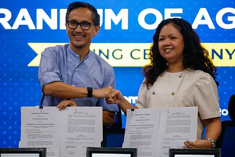 Department of Public Works and Highways Secretary Vince Dizon signs a memorandum of agreement with the Philippine Space Agency, represented by Officer-in-Charge Dr. Gay Jane Perez, at the DPWH Office in Manila on the morning of 03 November 2025. The agreement aims to harness space science and technology and utilize geospatial analytics, historical data, and images in project monitoring.
