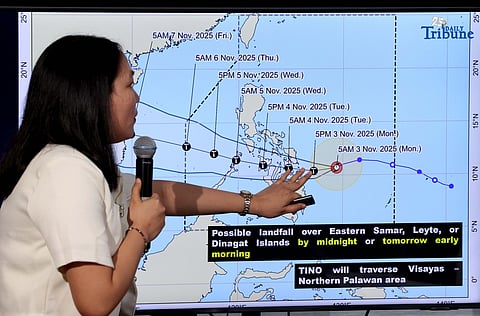(November 03 2025) Philippine Atmospheric, Geophysical and Astronomical Services Administration (Pagasa) officials give an update regarding severe tropical storm Tino, with international name Kalmaegi, during a press conference on Monday November 3 2025 which may intensify into super typhoon as it approaches parts of the Visayas placing the region under Tropical Cyclone Wind Signal (TCWS) No. 2.  Photo/Analy Labor