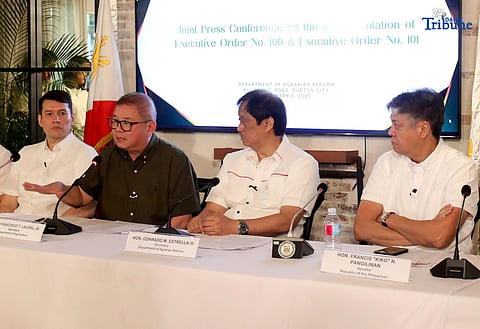 DA Secretary Francisco P. Tiu Laurel, Jr., DAR Secretary Conrado Estrella, and Agrarian Reform Chair Sen. Francis “Kiko” Pangilinan and other officials hold a joint press-conference for the implementation of EO 100 and EO 101 issued by President Ferdinand Marcos Jr, directing all national and local government agencies to fully implement the Sagip Saka Act or Republic Act No. 11321, which establishes the Farmers and Fisherfolk Enterprise Development Program to provide all forms of assistance to farmers and fisherfolk to reach their full potential, increase their income, and improve their quality of life, held at Department of Agrarian Reform office in Quezon City on Thursday , 06 November 2025. 