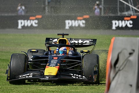 MAX Verstappen goes off track while pushing his Red Bull during the Mexico City Grand Prix at the Hermanos Rodriguez circuit.