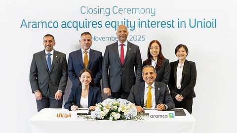 At the contract signing ceremony formalizing the partnership between Unioil and Aramco are (seated, from left) Janice Eunicia Co Roxas-Chua, CEO of Unioil Petroleum Philippines Inc., and Nader Al Douhan, director of International Retail, Aramco. At the back, standing (from left) are Amr T. Daiel, director of Downstream Transaction Development, Aramco; Ziyad Al Juraifani, vice president of Retail, Aramco; Yasser M. Mufti, executive vice president for Products & Customers, Aramco; Jamie Tan, CFO of Unioil Petroleum Philippines Inc.; and Geminesse Co, managing director of Unioil Energy Pte. Ltd.