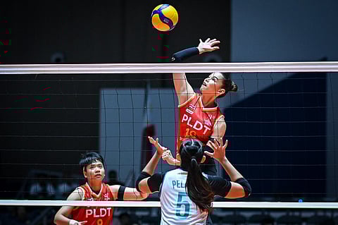 
MAJOY Baron delivers a quick kill to help PLDT secure a 25-19, 19-25, 25-16, 25-21 victory over Galeries Tower in the PVL Reinforced Conference at the Candon City Arena in Ilocos Sur.