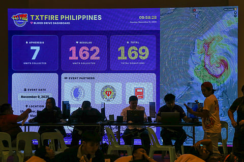 As Super Typhoon Uwan approaches, hundreds of rescue and fire volunteers still found time to donate blood at Ongpin Tower in Manila on the morning of 9 November 2025, in anticipation of a critical rise in blood demand, especially for trauma and emergency cases.