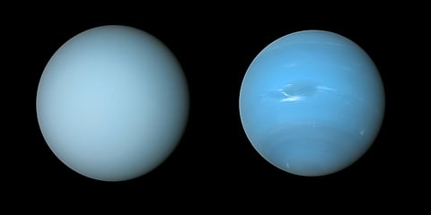 This handout image released by NOIRlab on May 30, 2022, shows NASA’s Voyager 2 spacecraft captured these views of Uranus (on the left) and Neptune (on the right) during its flybys