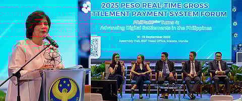 (LEFT photo) Bangko Sentral ng Pilipinas (BSP) Senior Assistant Governor Edna C. Villa; (Right photo, from left) BSP Deputy Directors Anna Marie B. Lagman and Marie Tanya Z. Recalde, Director Jay M. Dizon, Chief Financial Services Officer Richard S. Jadulan, and Manager Jonathan S. Secuya at the Peso Real-Time Gross Settlement Payment System Forum on 18-19 September 2025.