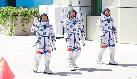 
Back on earth Astronauts Zhang Hongzhang, Commander Zhang Lu and Wu Fei share a final wave beneath the Gobi Desert sun, stepping into history as they depart for the Shenzhou-21 mission at the Jiuquan Satellite Launch Centre on 31 October 2025. The three were back on terra firma on Friday after their spacecraft was hit by space debris.