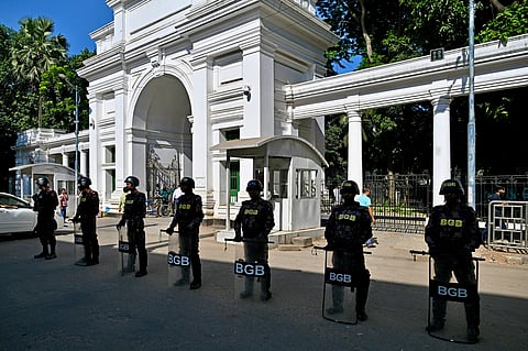 BORDER Guard Bangladesh personnel stand guard at the International Criminal Tribunal premises, where the crimes against humanity trial of fugitive former Prime Minister Sheikh Hasina is held, in Dhaka on 17 November 2025. 
