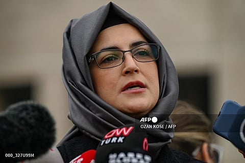 TURKEY-SAUDI-MURDER-KHASHOGGI
Hatice Cengiz, the fiancee of murdered Saudi critic Jamal Khashoggi, answers journalists' questions outside the courthouse, after the courts confirmed a halt of the trial in absentia of 26 suspects linked to the killing Khashoggi and its transfer to Saudi, in Istanbul on April 7, 2022. Hatice Cengiz said on April 7, 2022, she would appeal a Turkish court's decision to hand to Saudi Arabia a case involving the suspects linked to his killing. Khashoggi the 59-year-old journalist was killed inside the Saudi consulate in Istanbul on October 2, 2018 in a gruesome murder that shocked the world.
