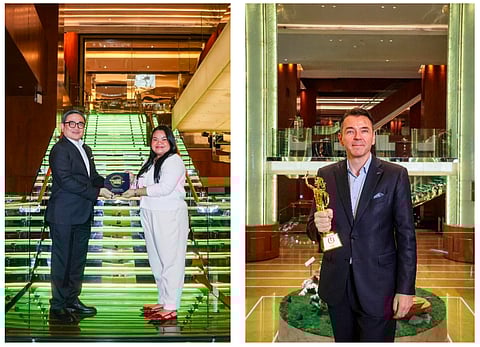 
Left photo: Grand Hyatt Manila Director of Sales and Marketing Eugene Tamesis receives the Best Business Hotel – Manila Award from Business Traveller Asia Pacific Partnership Lead Keh An Famatiga.

Right photo: Roger Habermacher, General Manager of Grand Hyatt Manila, proudly holds the TTG Travel Awards trophy with the accolade for Best Hotel – Manila. The ceremony was held in September at Bangkok, Thailand.