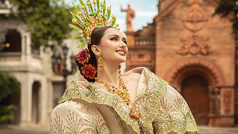 Miss Universe Philippines Ahtisa Manalo in an ensemble by Mak Tumang. 