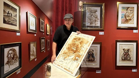 Coffee Artists PH's Brewing Joy: A Holiday Coffee Art Exhibit, located at The Red Gallery in Summit Hotel Greenhills, San Juan City with Yeye Calderon showing his piece from workshop. 