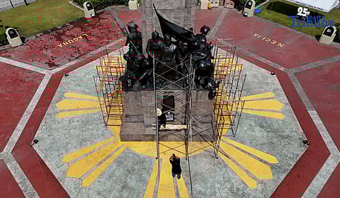 Workers used scaffolding to clean the Andres Bonifacio Monument on Saturday, 22 November 2025, in preparation for the 162nd birth anniversary of Gat Andres Bonifacio on 30 November 2025. Bonifacio is recognized as the Father of the Philippine Revolution and one of the founders of the Katipunan.
