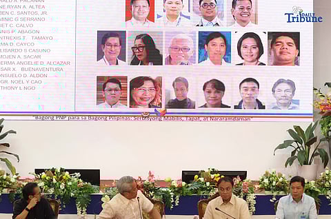 (November 24 2025) SILG Jovic Remulla along with PNP Chief Melencio Nartatez, DPWH Secretary Vince Dizon, DOJ Secretary Fredderick Vida, and NBI OIC Angelito Magno, shows a photo of the suspect involved in a flood control project during the press-conference held at Camp Crame in Quezon City on Monday November 24 2025, they also urged any other suspects to voluntarily surrender, warning that a manhunt could be initiated with uncertain outcomes for those who evade capture. 
