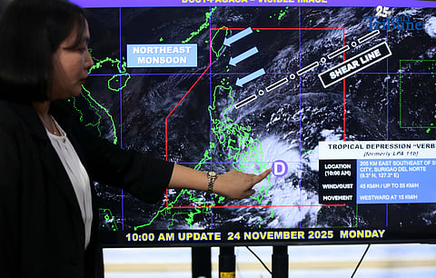 (November 24 2025) Philippine Atmospheric Geophysical and Astronomical Service Adminis (DOST-PAGASA) weather Specialist Grace Castañeda give an update of the Tropical Depression Verbena during the press-conference held at PAGASA office in Quezon City on Monday November 24 2025. The center of TD Verbena was estimated based on all available data at 205 km East Southeast of Surigao City, Surigao Del Norte, with maximum sustained winds of 45 km/h near center gustiness of up to 55km/h. Photo/Analy Labor

