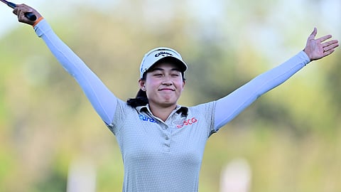 
JEENO Thitikul celebrates after overcoming Pajaree Anannarukarn to win another LPGA Tour Championship title at the Tiburon Golf Club in Naples, Florida.  