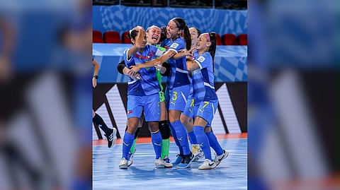 FILIPINA5 celebrate after scoring a goal during their 2-3 setback to Morocco in the FIFA Futsal Women’s World Cup at the Philsports Arena on Monday.