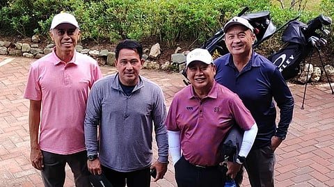 MEMBERS of Luisita declare readiness to defend their title in the seniors division of the 75th Januarius Fil-Am Invitational. Shown are Ronnie Littaua, Ferdie Barbosa, Abe Rosal, and non-playing captain Jeric Hechanova.    