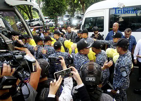 PERSONNEL from the Bureau of Jail Management and Penology (BJMP) escorted the eight DPWH officials linked to the Oriental Mindoro flood control anomaly during their arraignment before the Sandiganbayan Fifth Division in Quezon City, where they entered a plea of not guilty to graft charges.