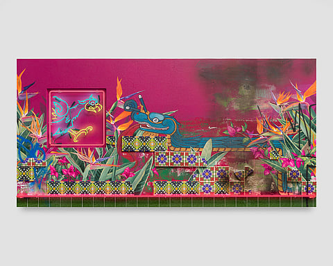 "Birds of a Feather," 2025 artwork made with stucco, acrylic paint, spray paint, neon, tile, tile adhesive and latex house paint on 60 x 120 in. scorched panel, by Patrick Martinez.