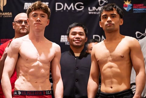 Jimuel Pacquiao (right) and rival Brendan Lally strike a pose during the weighin while Hall of Famer Manny Pacquiao stands in the background in Temecula, California.