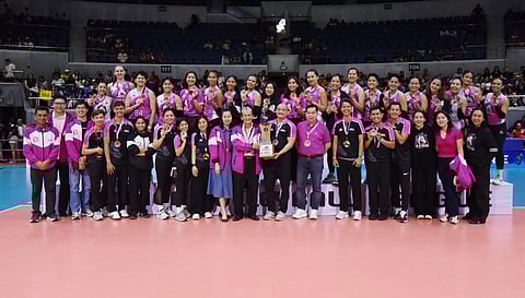 Akari proudly shows off the third-place trophy following its 15-25, 25-23, 21-25, 26-24, 20-18 win over PLDT in the PVL Reinforced Conference on Sunday at the Smart Araneta Coliseum.
