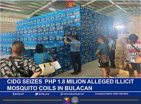 Some P1.8-million worth of illegal mosquito coils were confiscated at Warehouse No. 3, Ilang-Ilang Compound, Brgy. Sta. Rosa, Marilao, Bulacan on November 21, 2025.