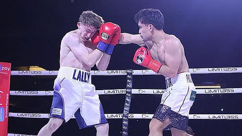 Emmanuel ‘Jimuel’ Pacquiao scores against fellow debutant Brandan Lally in their four-round lightweight match that ended in a majority draw in Temecula, California.