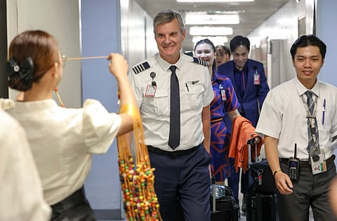 Jetstar Airways pilots and flight attendants are being welcomed by the Department of Tourism at the Ninoy Aquino International Terminal 3 as they arrive from Perth, Australia.