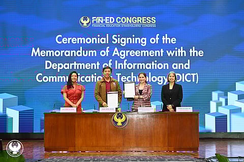 (FROM left) DICT Undersecretary Faye Condez-De Sagon, DICT Secretary Henry Rhoel Aguda, BSP Deputy Governor Bernadette Romulo-Puyat, and BSP Managing Director Charina De Vera-Yap during the BSP-DICT memorandum of agreement ceremonial signing ceremony on 18 November 2025 at the BSP Head office in Manila.​