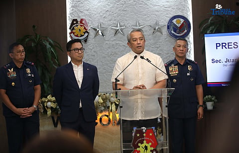 SILG Juanito Victor Remulla, along with Acting PNP chief Police Lt. Gen. Jose Melencio Nartatez, Criminal Investigation and Detection Group CIDG Acting Director Police Major General Robert Alexander Morico, Napolcom Commissioner Rafael Vicente Calinisan, hold a press conference on Tuesday December 2 2025 at the PNP Headquarters in Quezon City, following the dismissal of six PNP-CIDG personnel after allegedly stealing P13 million evidence seized during an operation in Bataan last October 2024. Photo/Analy Labor