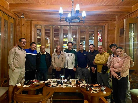 PHILIPPINE Sports Commission chairman Pato Gregorio (fifth from left) is shown with sportswriters and other guests at the sidelines of the 75th Januarius Fil-Am Invitational in Baguio City. Others in photo are (from left) Jun Engracia, Raul Encarnacion, Ding Marcelo, Rey Bancod, June Navarro, Dodo Catacutan, Nelson Beltran, Ramon Bonilla and Cherry Mae Sefil.