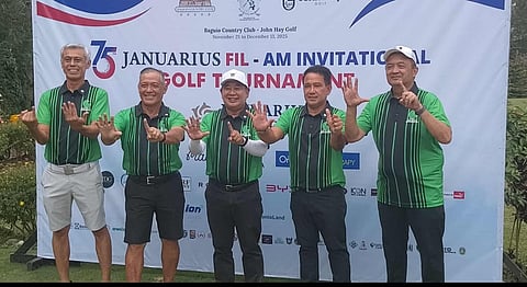 LUISITA players flash the No. 6 sign after recording their sixth title in the Fil-Championship division of the 75th Fil-Am Invitational in Baguio City on Wednesday. From left: Ronnie Littaua, Benjie Sumulong, Abe Rosal, Ferdie Barbosa and team captain Jeric Hechanova.