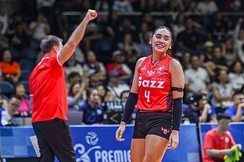 Petro Gazz rookie setter Jules Tolentino smiles during a win over Akari in the PVL Reinforced Conference semifinals.