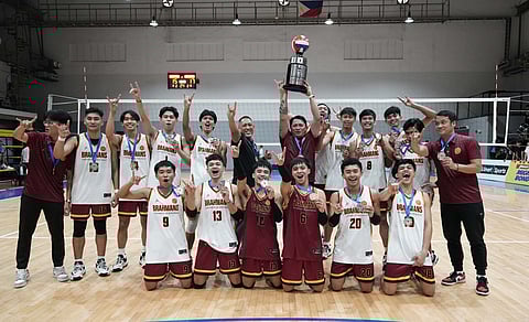 The UB Brahmans celebrate after beating the ICC Blue Hawks to retain the title of the men’s volleyball tournament of the 2025 PG Flex-UCAL Season 8 on Tuesday.    