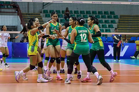 The Dasma Monarchs celebrate a point against Negros in the semifinals of the  2025 Maharlika Pilipinas Volleyball Association, December 2, 2025 at the Alonte Sports Arena in Binan, Laguna.