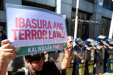 (December 04 2025) Human rights advocates and various sectors hold a protest at DILG NAPOLCOM center office in Quezon City on Thursday December 4 2025, to call for the abolition of NTF-ELCAC and the reallocation of government funds to social services instead of militarization and repression. The group also highlights growing concern over heightened militarization in communities under the Marcos Jr. administration. Photo/Analy Labor
