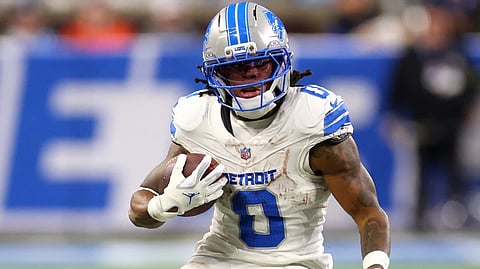 JAHMYR Gibbs celebrates after scoring a touchdown that gave the Detroit Lions a 44-30 win over the Dallas Cowboys in the National Football League.