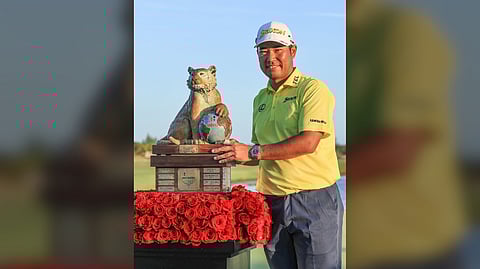HIDEKI Matsuyama poses with the trophy after beating Alex Noren in a sudden-death playoff to rule the Hero World Challenge in the Bahamas.   