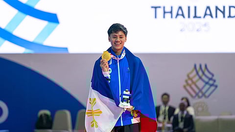 JUSTIN Kobe Macario celebrates after securing the Philippines’ first gold medal in men’s individual poomsae event of the 33rd Southeast Asian Games in Thailand.   
