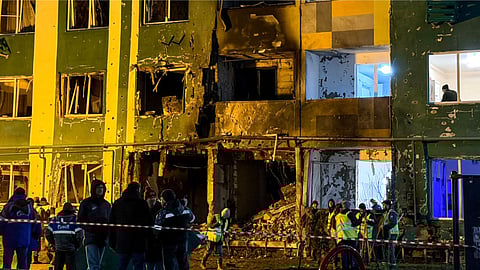 A VIEW of a damaged residential building following a drone attack in Tver.