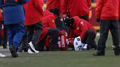 KANSAS City quarterback Patrick Mahomes lies on the ground after sustaining an injury in a 16-13 loss to the Los Angeles Chargers that eliminated the Chiefs from playoff contention after 10 consecutive post-season appearances 