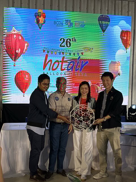 KICKING or flying things off. From left-right: Mark P. Torres, BCDA officer-in-charge | Capt. Joy Roa, PIHABF Event Director | Frances Margaret Canlas, Tarlac Provincial Gov’t | Edward Hayco, PSC Commissioner, during the 26th PIHABF Press Conference on 15 December 2025.