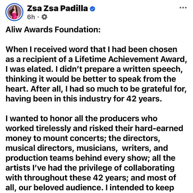 Zsa Zsa Padilla returns Aliw Lifetime Achievement Award