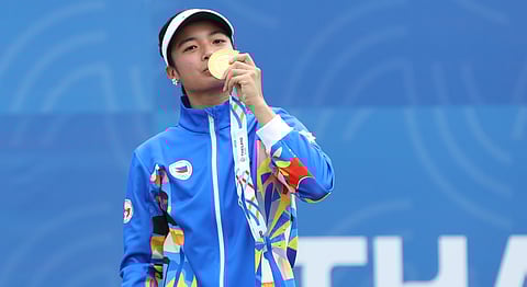 ALEX Eala celebrates after winning her first gold medal in the women’s singles event of the 33rd Southeast Asian Games in Bangkok.