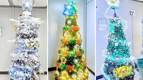 ‘PUNO ng Biyaya’ Christmas Tree made from indigenous and handcrafted corn husks, abaca strings, eggshells, and coconut sheets.  Then an Intricate miniatures of the BSP Complex diorama made from cardboards, clay, Styrofoam, and repurposed toys in “Puno ng Biyaya” Christmas Tree. Also a Do-It-Yourself white winter “Pre-Loved Tree of Life” made from shredded bond papers and second-hand household, school and office items. And a “Christmas Family Tree” with an inclusivity and diversity theme made from bright ecobags, newspapers, egg trays, Ipil-Ipil leaves, cardboard, Pistachio sells, and soft drink bottles. 