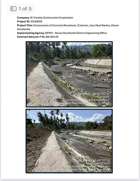 DOCUMENTS and photos show the flood control project in Culaman, Jose Abad Santos is nearly finished, despite previous graft allegations against DPWH officials and the contractor.