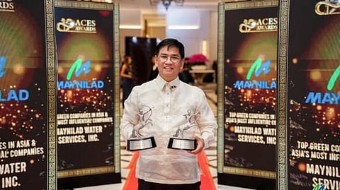 MAYNILAD chief sustainability officer Atty. Roel S. Espiritu with the company’s awards for Asia’s Most Influential Companies and Top Green Companies in Asia at the 2025 ACES Awards held in Jimbaran, Bali, Indonesia on 27 to 28 November.