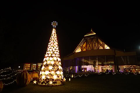 TAAL Vista Hotel’s outdoor Christmas tree illuminated at night, crafted with pride by Pampanga artisans.
